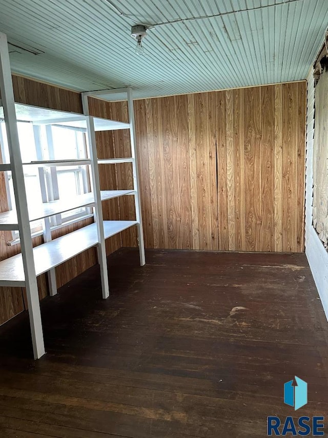 interior space featuring wooden walls and dark hardwood / wood-style floors