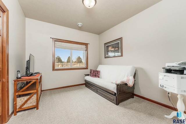 sitting room featuring carpet flooring and a textured ceiling