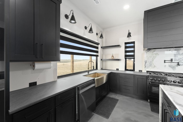 kitchen with range with gas stovetop, ventilation hood, sink, backsplash, and stainless steel dishwasher