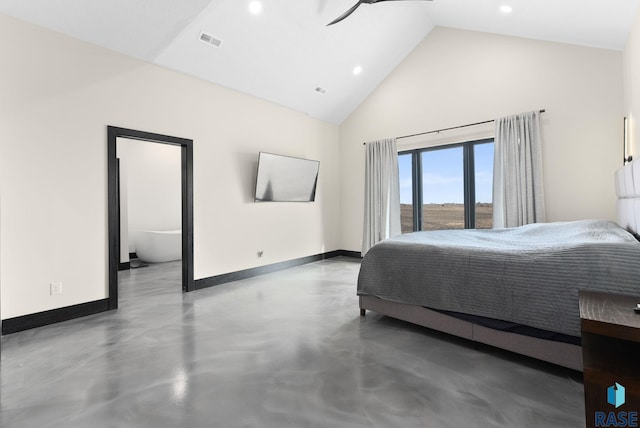 bedroom featuring concrete floors and high vaulted ceiling