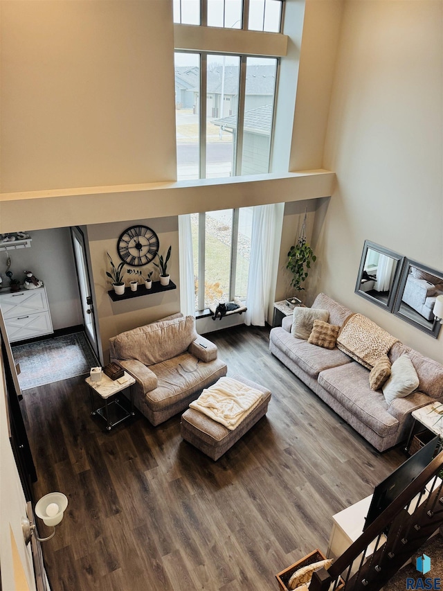 living room featuring wood-type flooring and a towering ceiling