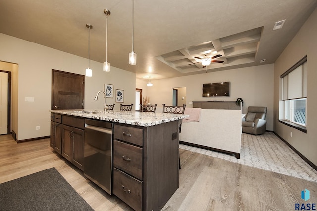 kitchen with dark brown cabinetry, coffered ceiling, sink, pendant lighting, and a kitchen island with sink