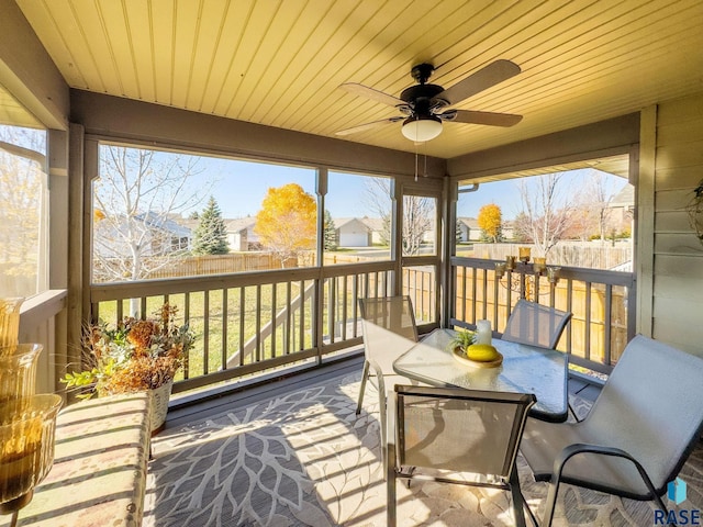 sunroom with wooden ceiling and ceiling fan