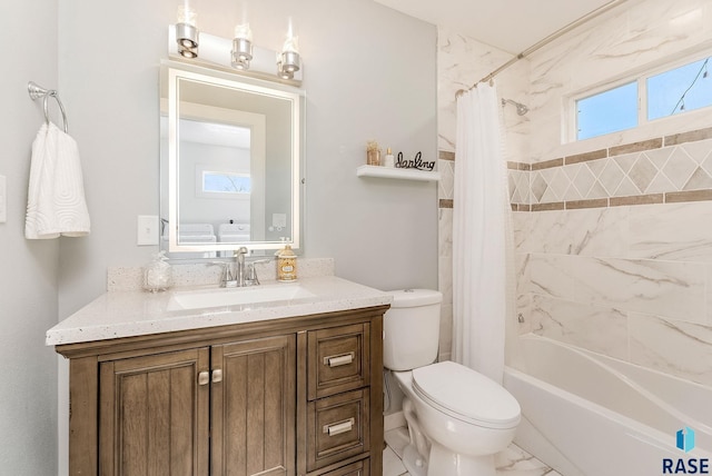 full bathroom with vanity, shower / bathtub combination with curtain, and toilet