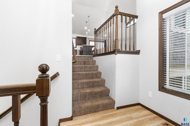 stairway with hardwood / wood-style floors