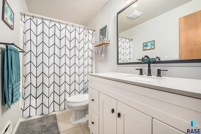 bathroom with walk in shower, toilet, a baseboard radiator, vanity, and tile patterned flooring