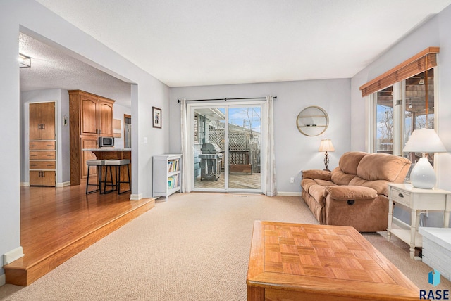 carpeted living room featuring a textured ceiling