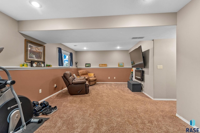 exercise area with light colored carpet