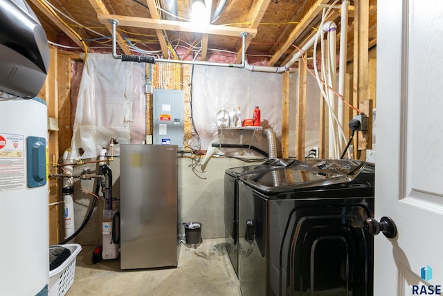 utilities featuring water heater, electric panel, and washer and clothes dryer