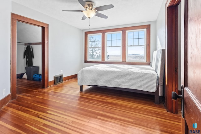 bedroom featuring hardwood / wood-style flooring, a walk in closet, ceiling fan, and a closet