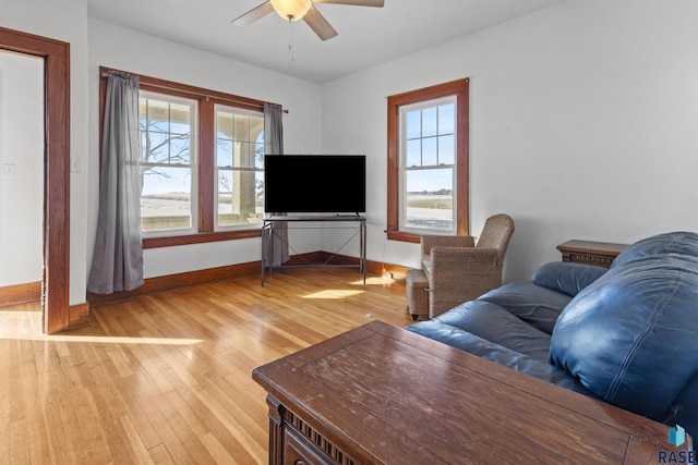 living room featuring hardwood / wood-style flooring, ceiling fan, and plenty of natural light