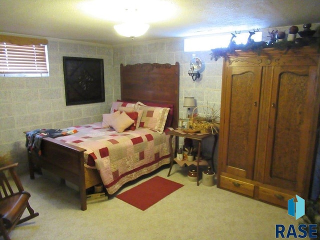 bedroom with light carpet