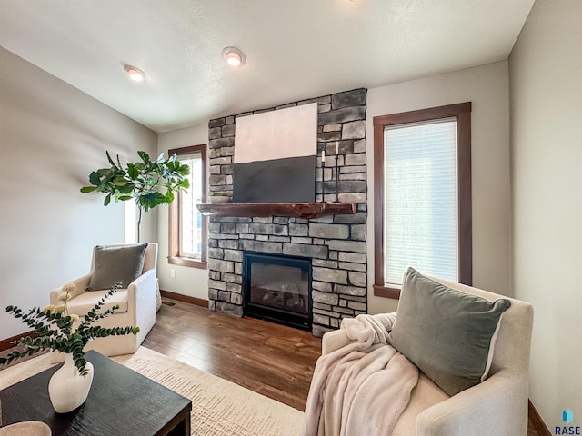 living room featuring dark hardwood / wood-style floors and a fireplace