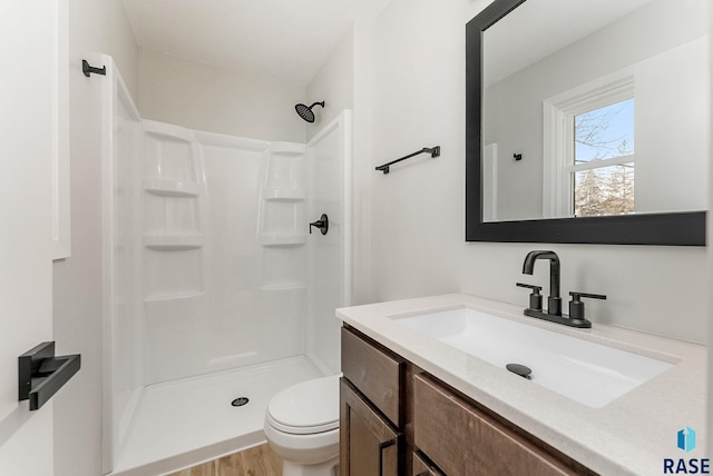 bathroom with vanity, a shower, and toilet