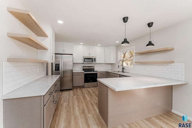 kitchen featuring sink, stainless steel appliances, kitchen peninsula, and white cabinets