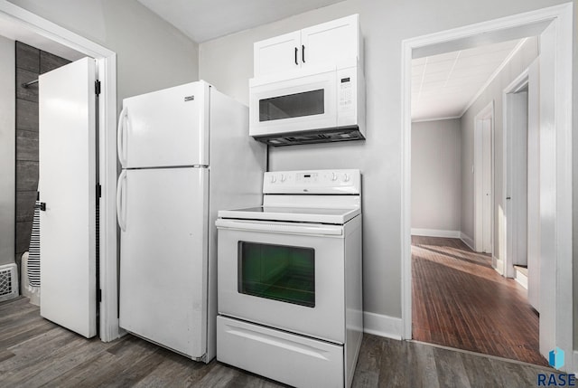 kitchen with white cabinetry, white appliances, and dark wood-type flooring