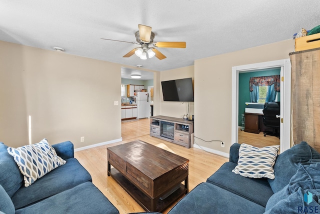 living room with ceiling fan, light hardwood / wood-style flooring, and a textured ceiling