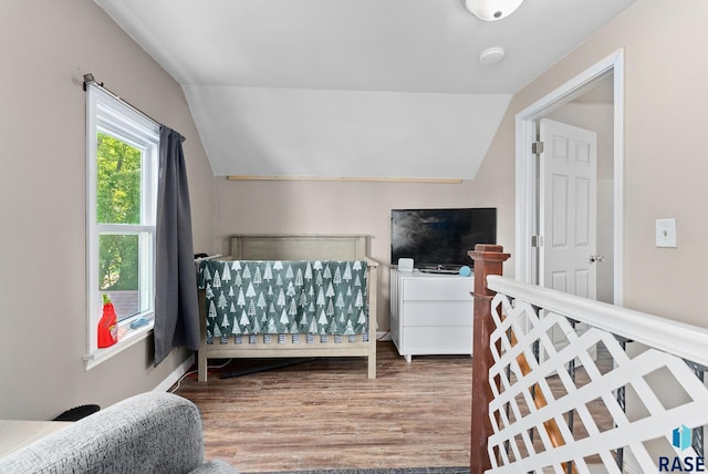 bedroom featuring hardwood / wood-style flooring and lofted ceiling