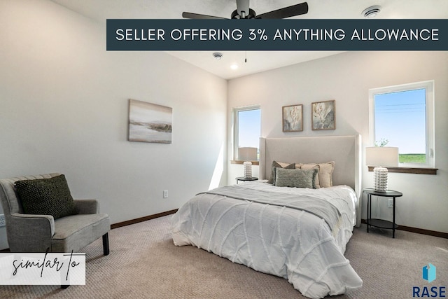 carpeted bedroom featuring ceiling fan