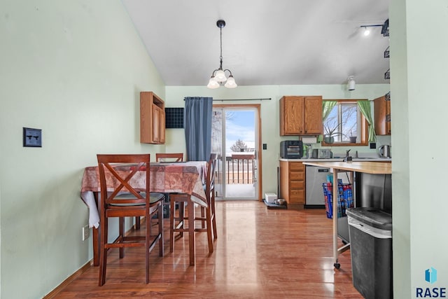 kitchen with lofted ceiling, hanging light fixtures, a wealth of natural light, and stainless steel dishwasher