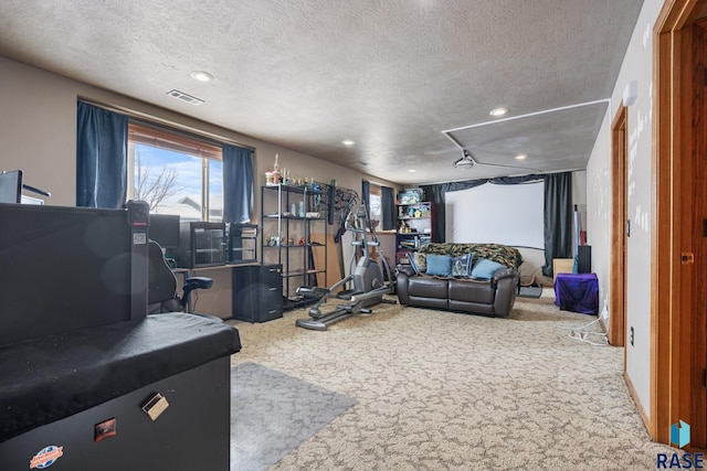 living room with a textured ceiling and carpet