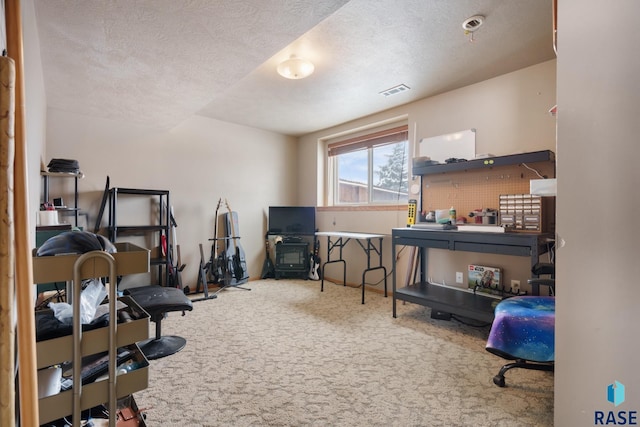 misc room with carpet flooring and a textured ceiling