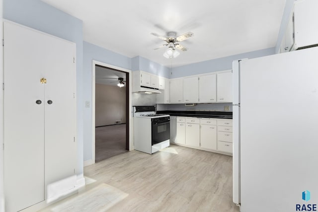 kitchen featuring white cabinetry, white appliances, ceiling fan, and light wood-type flooring