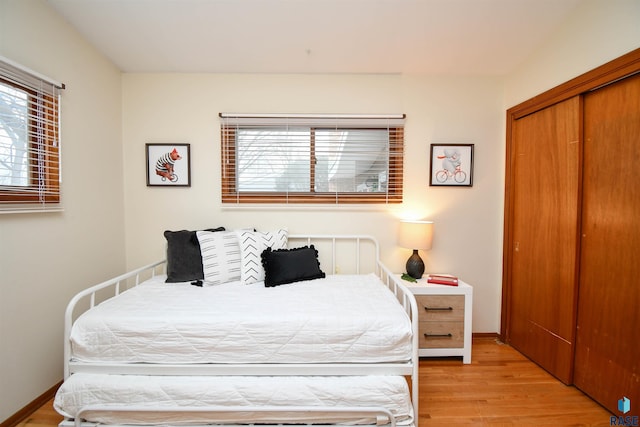 bedroom featuring multiple windows, light hardwood / wood-style floors, and a closet