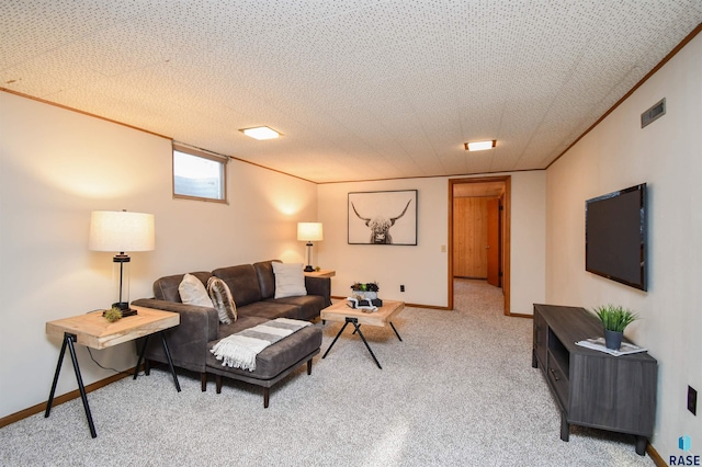 living room with crown molding and carpet flooring