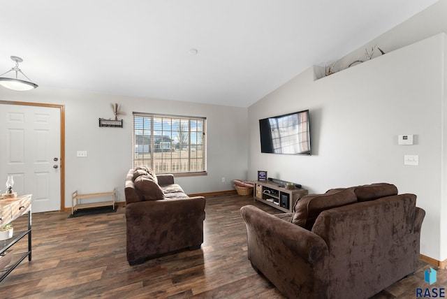 living room featuring dark wood-type flooring and lofted ceiling