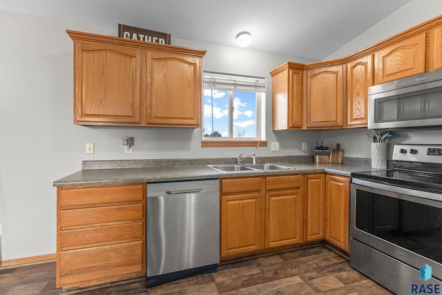 kitchen with stainless steel appliances, vaulted ceiling, and sink