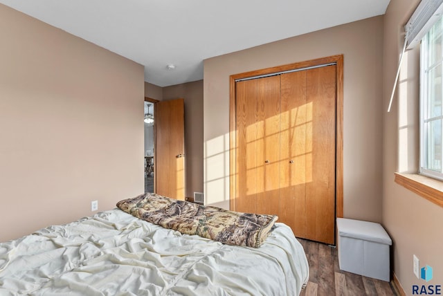 bedroom with dark hardwood / wood-style floors