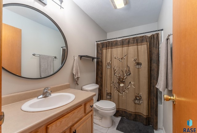 full bathroom featuring tile patterned flooring, vanity, shower / bath combination with curtain, and toilet