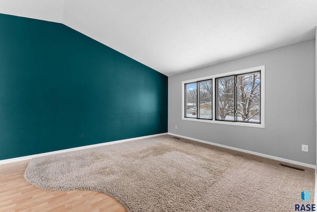 spare room featuring lofted ceiling, carpet, and a textured ceiling