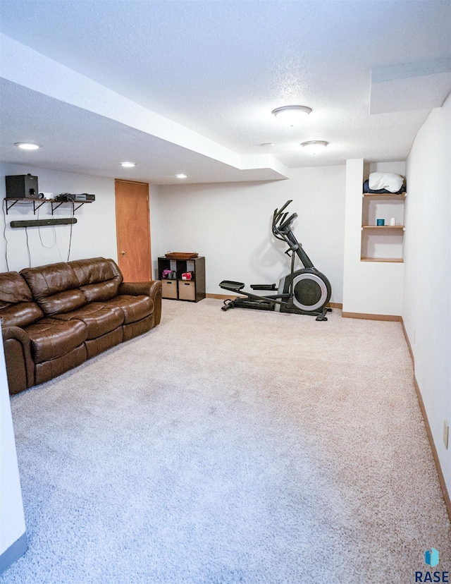 workout room with a textured ceiling and carpet flooring