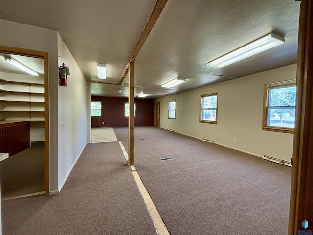 basement featuring a wealth of natural light, carpet, and baseboard heating