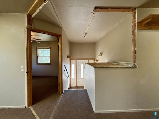 hall featuring carpet flooring