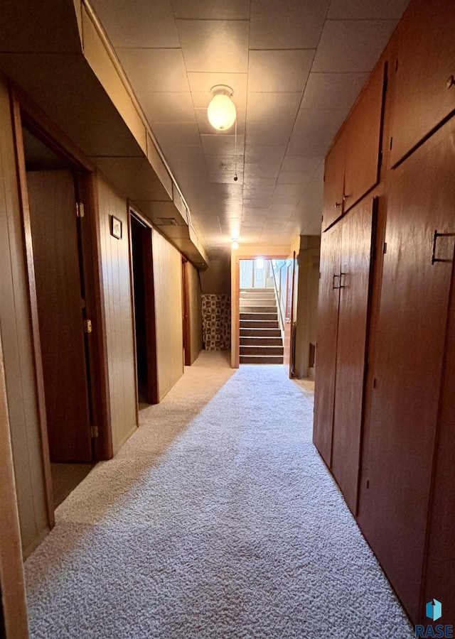 hallway featuring light carpet and wood walls