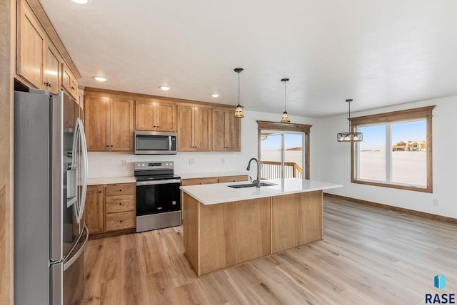 kitchen with decorative light fixtures, sink, backsplash, a kitchen island with sink, and stainless steel appliances