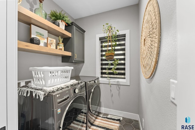 laundry room featuring cabinets and washer and clothes dryer