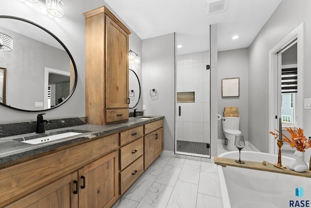 bathroom with vanity, an enclosed shower, and toilet