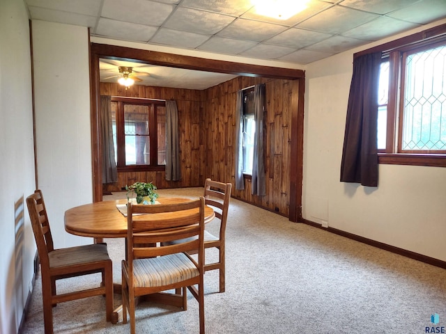 dining space with a paneled ceiling, plenty of natural light, carpet, and wood walls