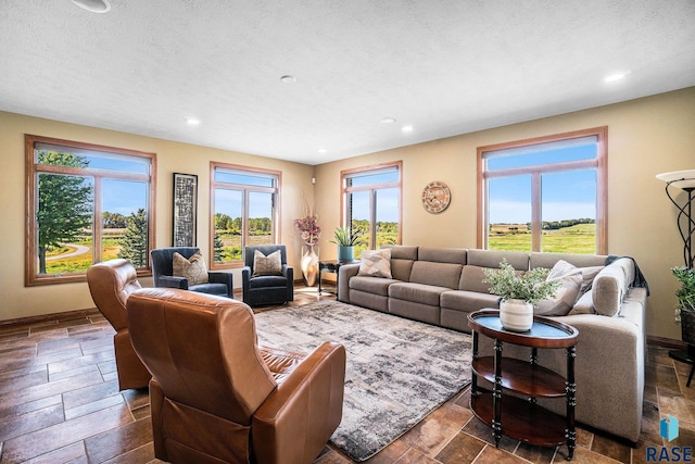 living room with a textured ceiling