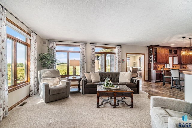 living room with carpet floors, a chandelier, and a textured ceiling