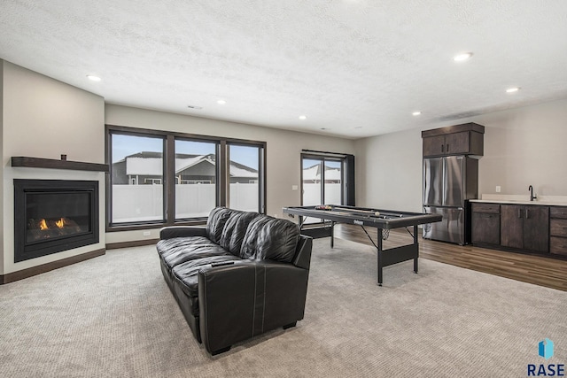 recreation room with sink, light colored carpet, and a textured ceiling