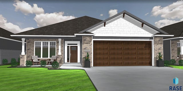 view of front of home with a porch, a garage, and a front yard