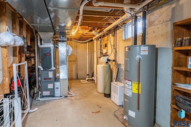 basement with electric water heater and heating unit