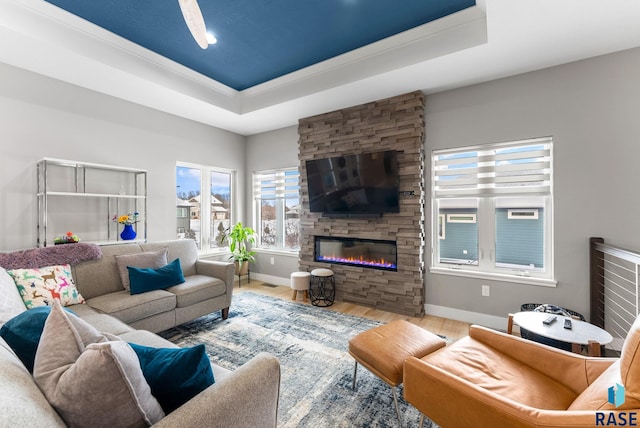 living room with hardwood / wood-style flooring, a stone fireplace, and a tray ceiling