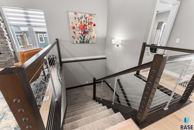 staircase with hardwood / wood-style floors