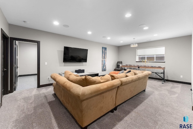 living room with light colored carpet